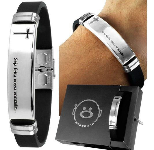 Orizom Pulseira Masculina Prata Placa Aço Inox Pai Nosso + Pulseira