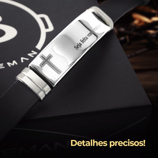 Orizom Pulseira Masculina Prata Placa Aço Inox Pai Nosso + Pulseira