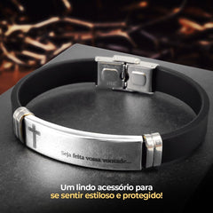 Orizom Pulseira Masculina Prata Placa Aço Inox Pai Nosso + Pulseira